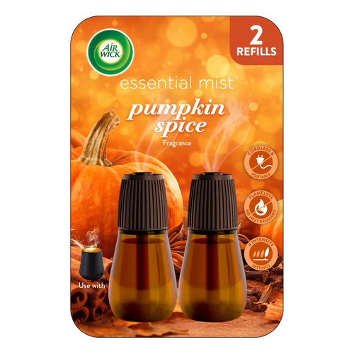 Two amber refill bottles for Air Wick Essential Mist pumpkin spice displayed against a pumpkin background