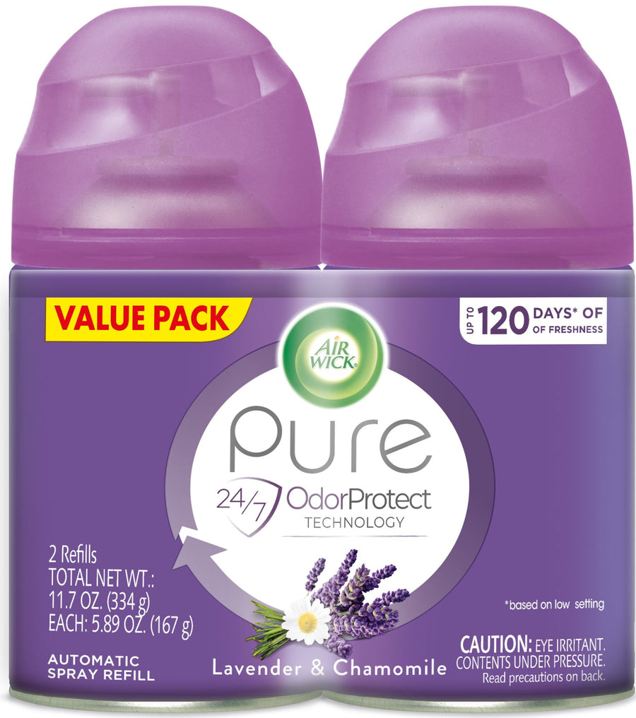 Two purple Air Wick Pure automatic spray refill cans labeled Lavender & Chamomile in a value pack, front packaging view.
