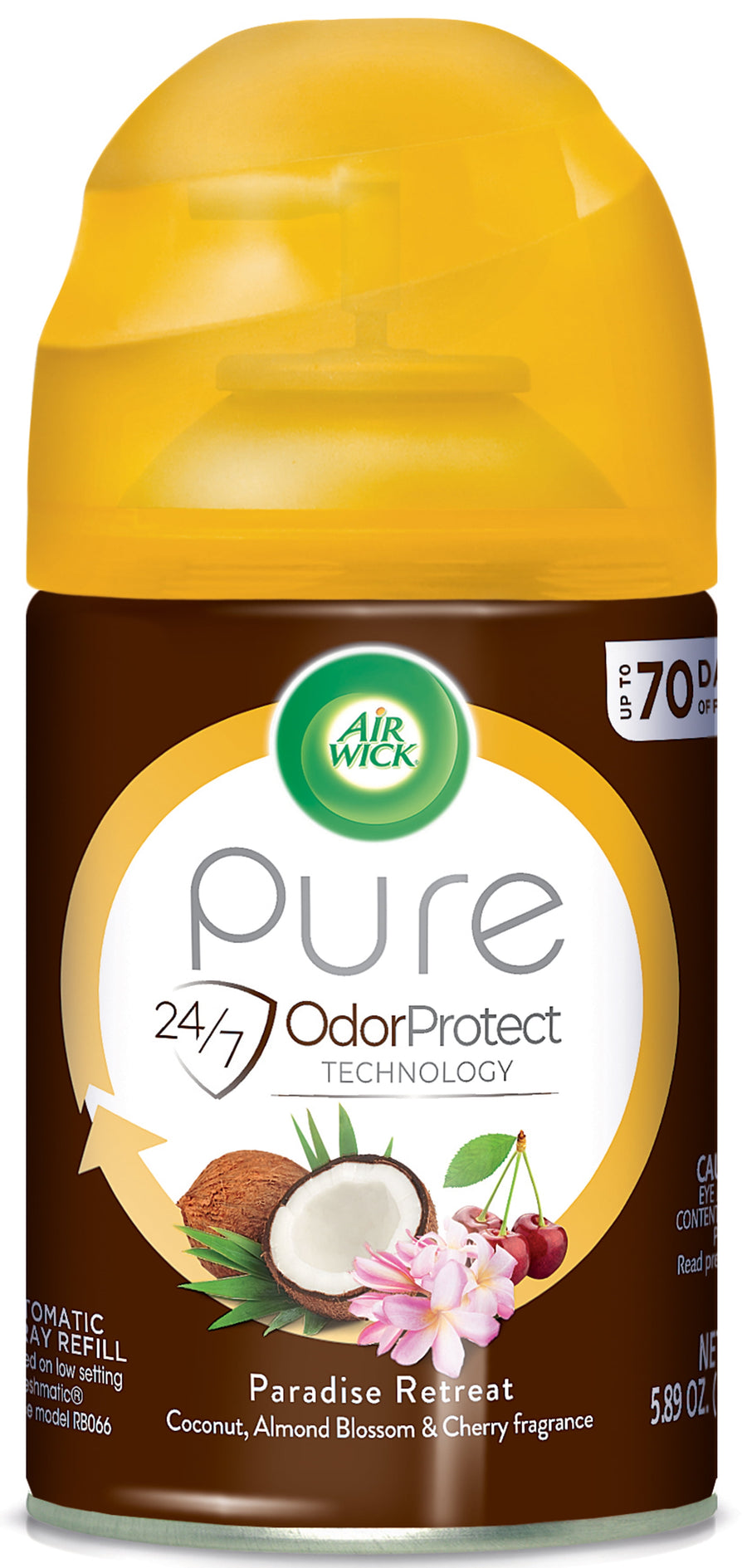 Air Wick Pure Paradise Retreat automatic spray refill can with coconut, blossom and cherry imagery on brown label