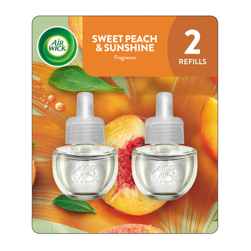 Air Wick Sweet Peach & Sunshine refill twin-pack blister card showing two clear plug-in oil refills over peach background