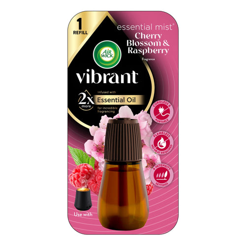 Air Wick Vibrant essential mist refill blister card showing cherry blossom and raspberry graphics with refill bottle