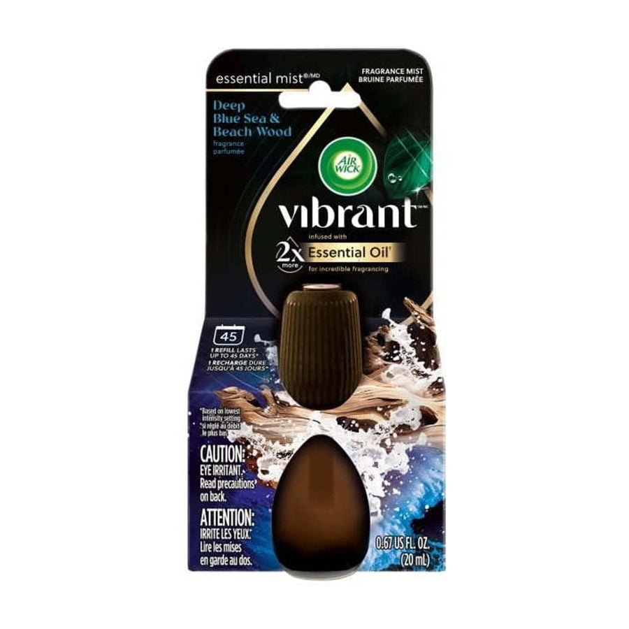 Air Wick Vibrant Deep Blue Sea & Beach Wood refill in blister pack with brown oil bottle