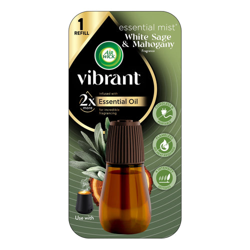 Air Wick Vibrant essential mist refill blister pack showing white sage & mahogany scent bottle and packaging graphics