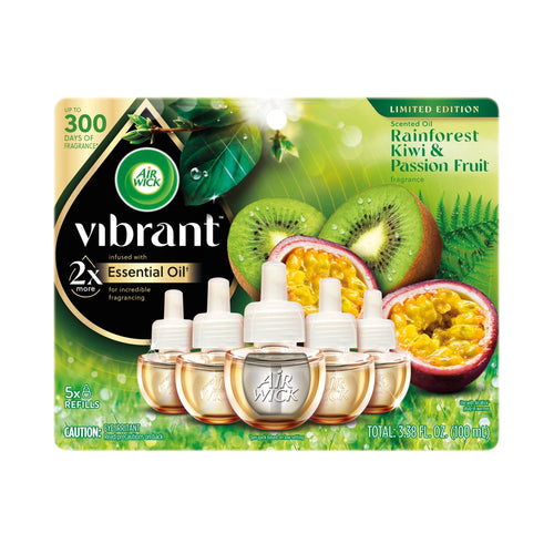 Air Wick Vibrant refill blister pack showing five scented oil refill bottles with kiwi and passionfruit graphics