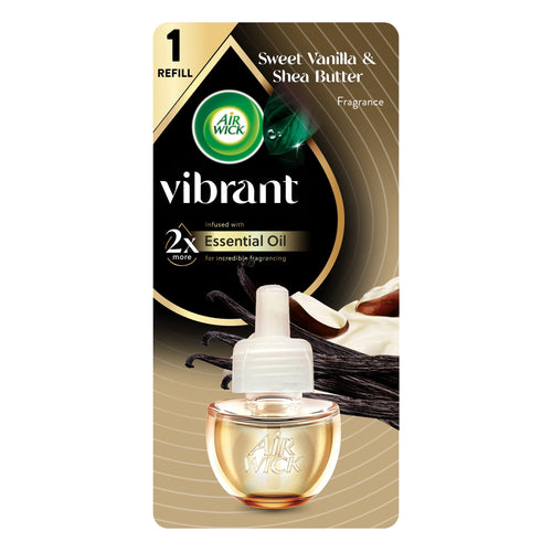 Air Wick Vibrant refill blister pack showing a vanilla-scented oil bottle with vanilla pods and shea butter imagery on gold background.