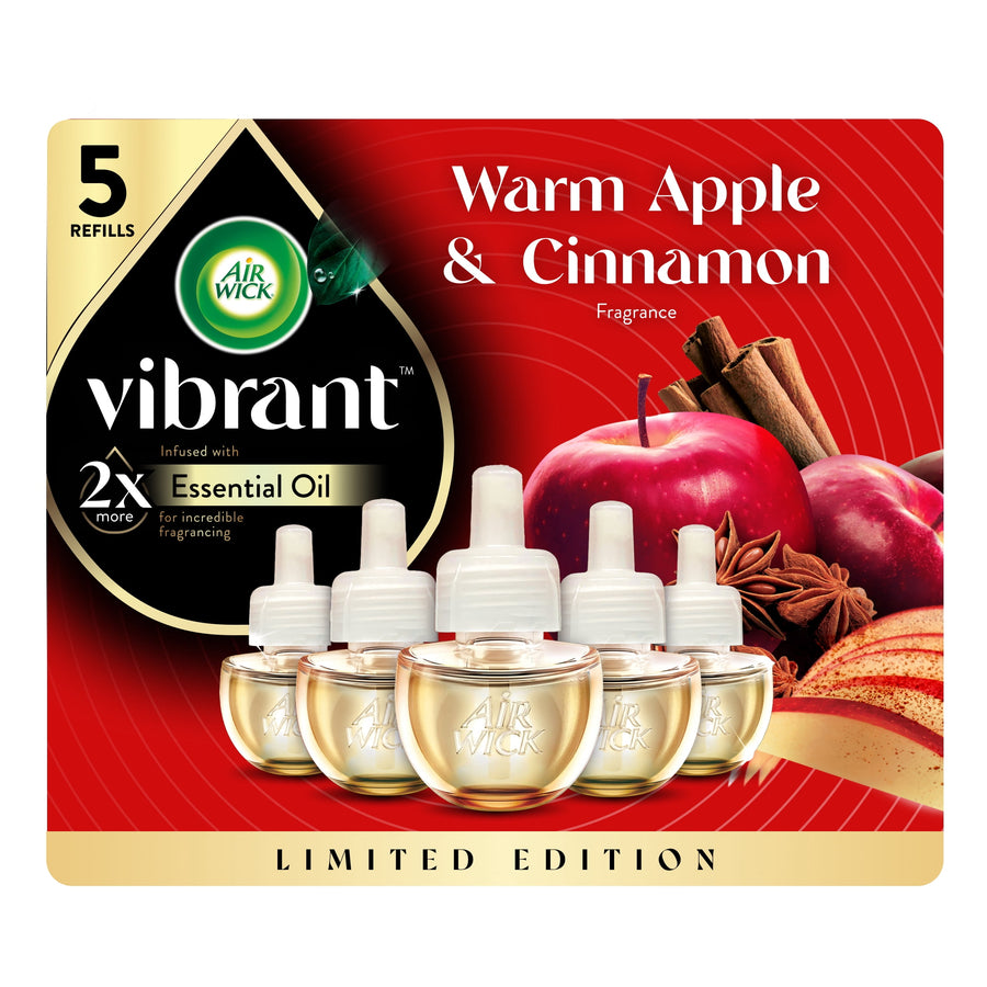 Air Wick Vibrant Warm Apple & Cinnamon refill pack art showing five oil refill bottles and apples with cinnamon sticks