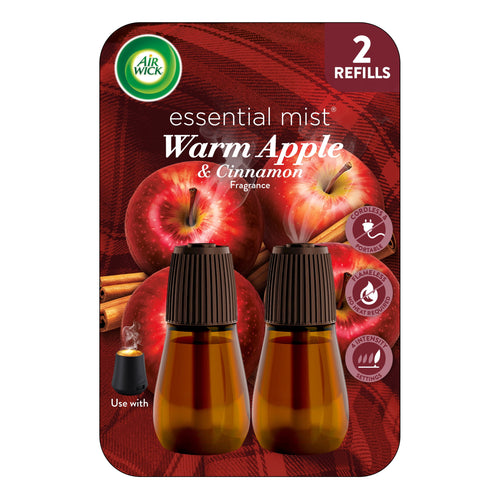 Air Wick Warm Apple & Cinnamon essential mist refill twin pack on plaid background with apple and cinnamon imagery