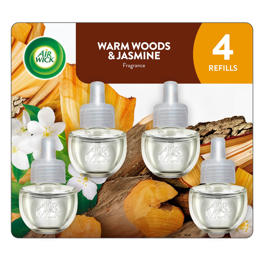 Air Wick Warm Woods & Jasmine replacement oil refills displayed on blister card with jasmine flowers and wood imagery