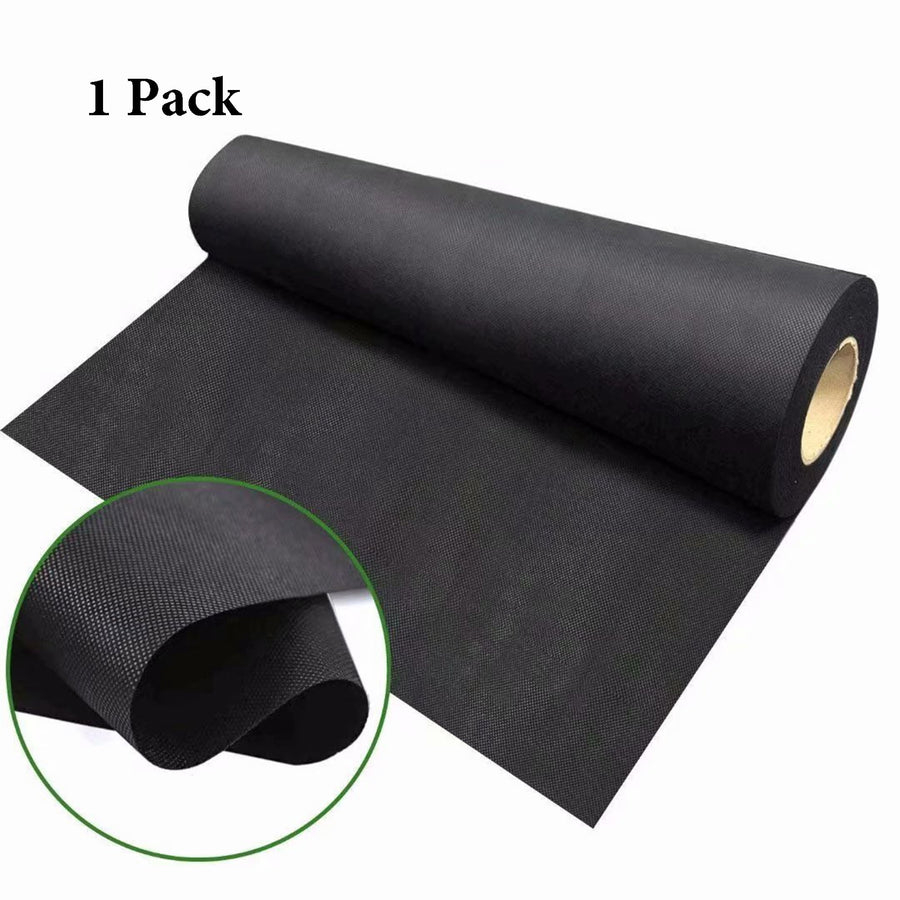 Rolled black non-woven landscape fabric on white background with texture detail inset and ‘1 Pack’ text