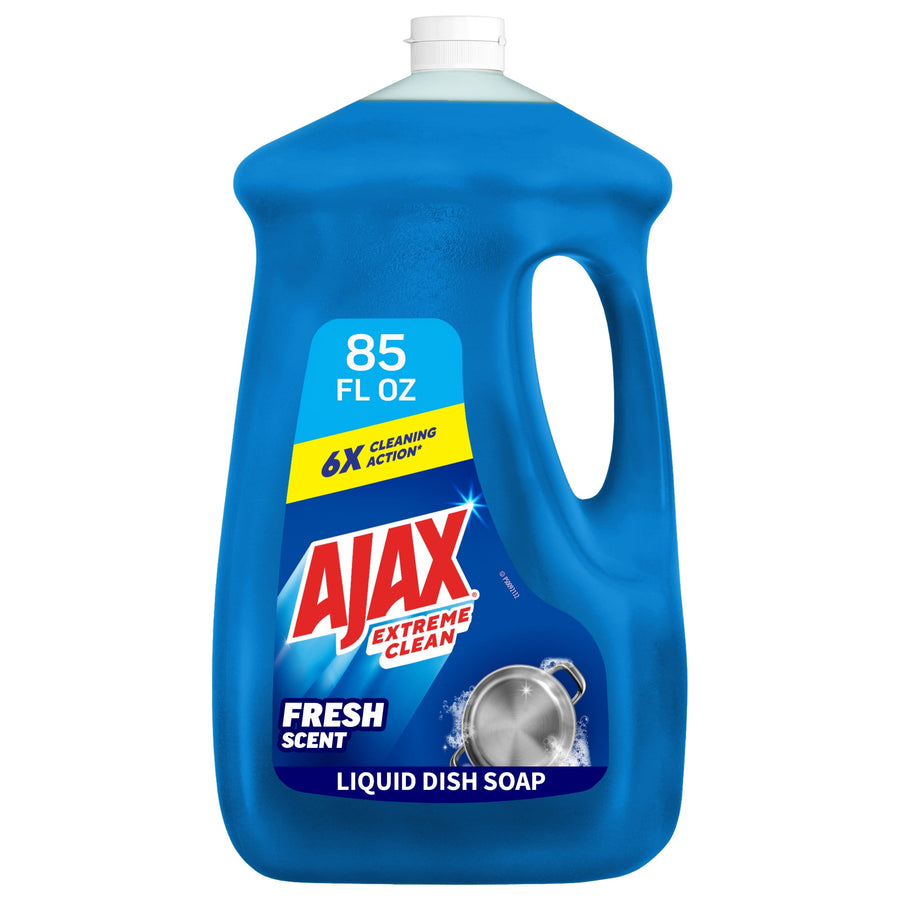 Large blue Ajax Extreme Clean liquid dish soap bottle with handle and visible 85 fl oz label