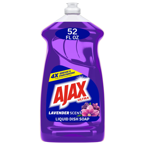 Purple Ajax Ultra liquid dish soap bottle labeled lavender scent and 52 fl oz