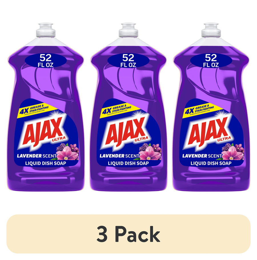 Three purple bottles of Ajax Ultra lavender liquid dish soap shown side-by-side with a 3 Pack label beneath.