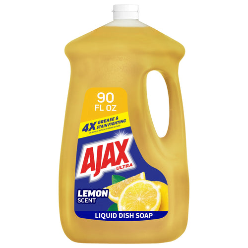 Large 90 fl oz translucent yellow jug of Ajax Ultra lemon-scent liquid dish soap with label