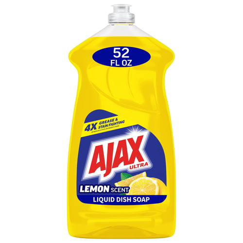 Front-facing bottle of yellow Ajax Ultra lemon liquid dish soap with label and 52 fl oz callout
