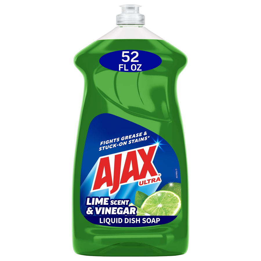 Green bottle of Ajax Ultra lime-scent liquid dish soap with label and visible 52 fl oz callout