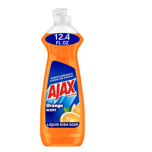 Single clear plastic bottle of orange Ajax Ultra liquid dish soap with a blue label showing the Ajax logo and orange slice graphics.