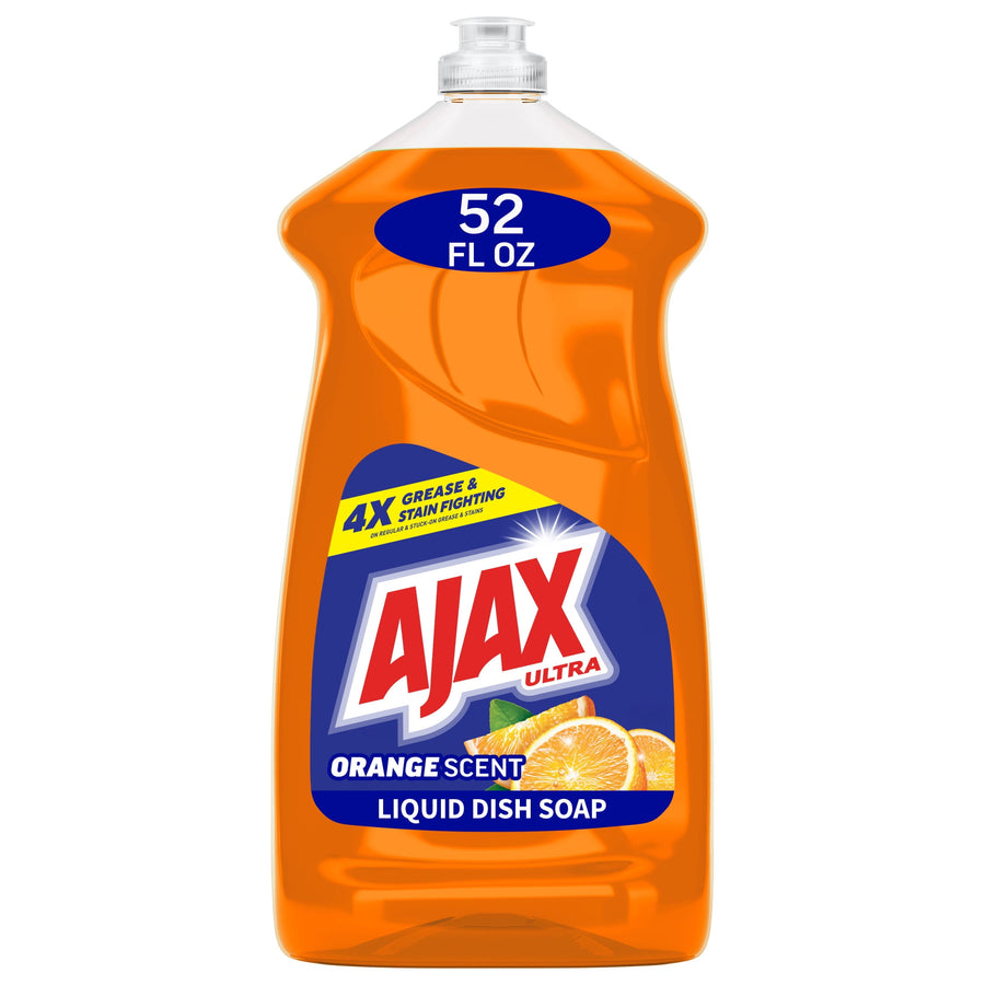 Clear plastic bottle of orange Ajax Ultra liquid dish soap with label showing oranges and '52 FL OZ' callout