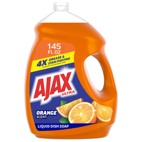 Large orange jug of Ajax Ultra liquid dish soap with orange slices on the label and 145 fl oz callout