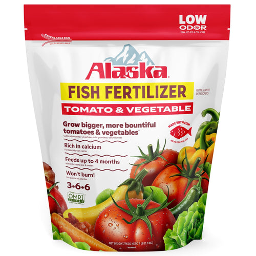 Front of Alaska Fish Fertilizer Tomato & Vegetable resealable pouch with tomato and vegetable illustrations and 3-6-6 label.