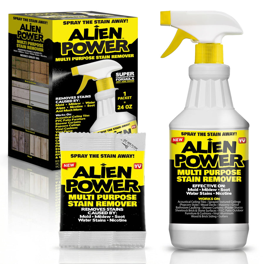 Product shot of Alien Power multi-purpose stain remover kit with spray bottle and packet on white background