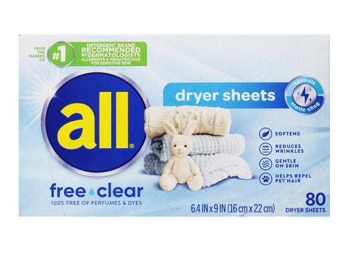 Front-facing box of all free•clear dryer sheets with logo, stacked towels and bunny
