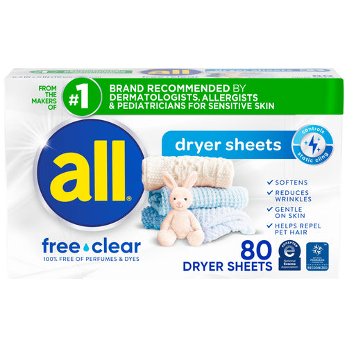 Box of all free·clear dryer sheets with folded towels and a plush bunny on front