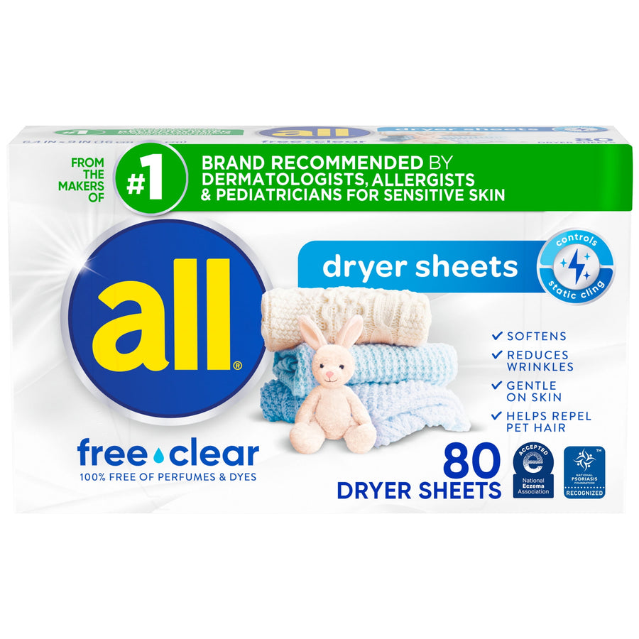 Box of all free·clear dryer sheets with folded towels and a plush bunny on front
