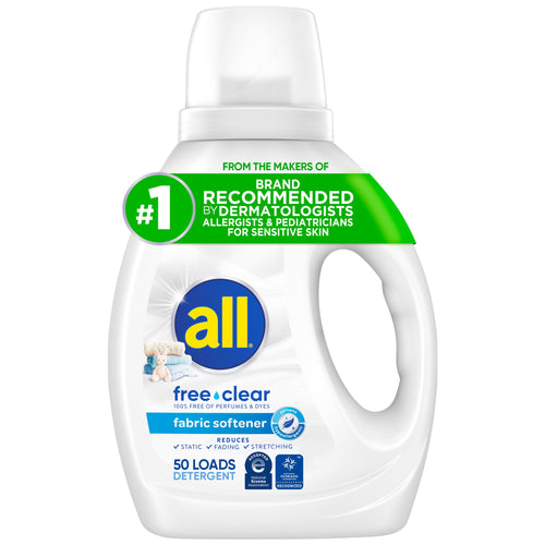 White all free•clear fabric softener bottle front view with blue and yellow all logo