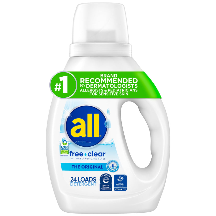 White all® free clear liquid detergent bottle with blue-and-yellow logo and green recommendation banner