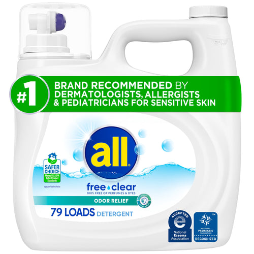 Front-facing jug of all free clear liquid laundry detergent with blue logo and green label banner