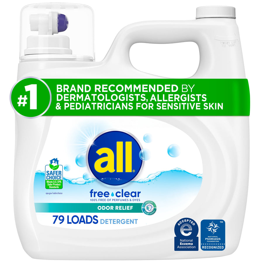 Front-facing jug of all free clear liquid laundry detergent with blue logo and green label banner