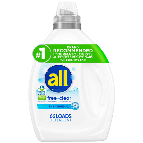 Front view of an all® Free Clear liquid laundry detergent bottle showing logo, blue label and "66 LOADS" text