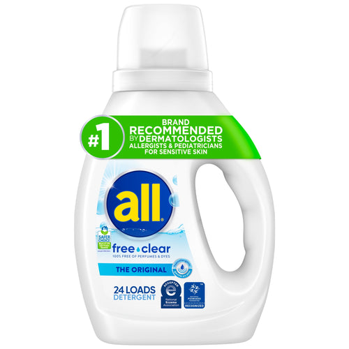Single white all® free clear liquid detergent bottle with green '#1 recommended' banner on a white background.
