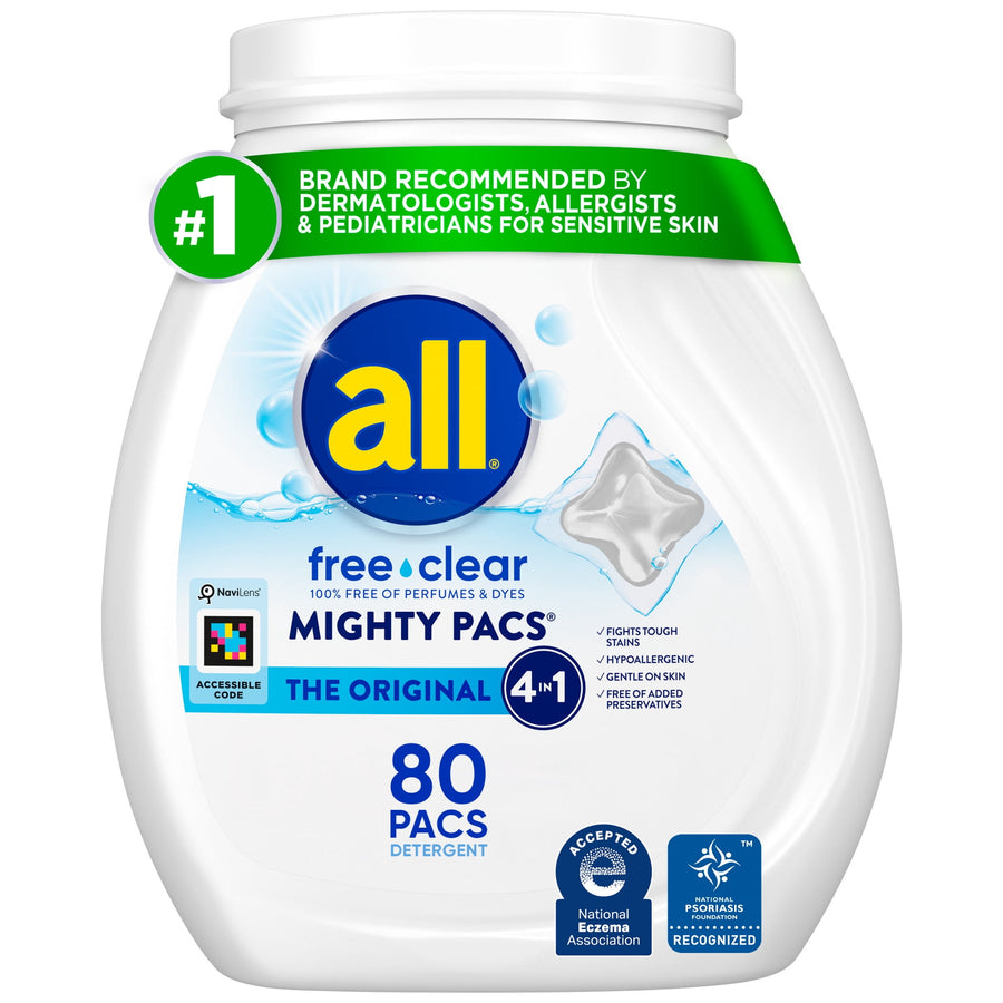 White all free•clear Mighty Pacs detergent tub showing brand logo and 80 pacs label on a white background