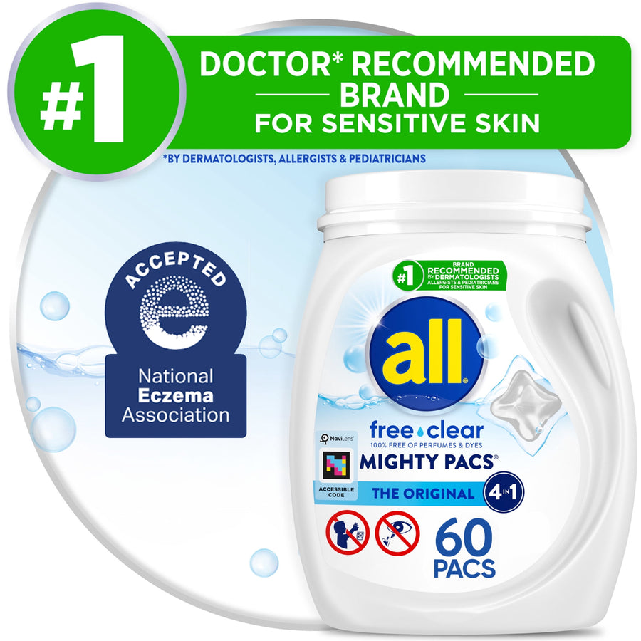 White plastic tub of all free clear Mighty Pacs with National Eczema Association badge and #1 doctor recommended banner