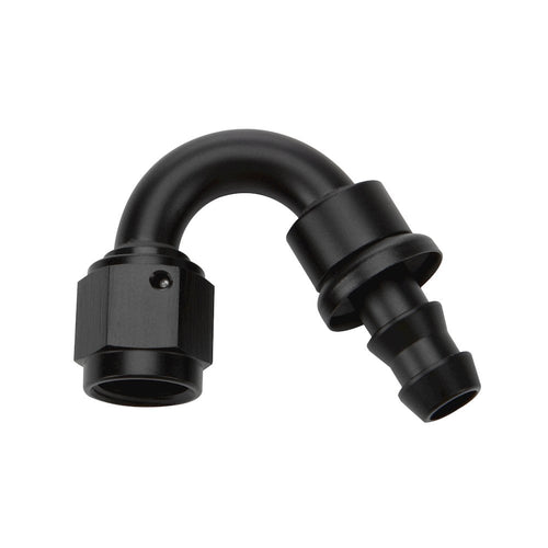 Black anodized 150° pushlock hose end elbow with hex nut and barbed hose tail on white background