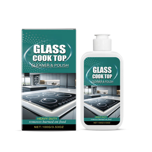 Bottle and box of Glass Cook Top cleaner & polish with teal label showing an induction cooktop image