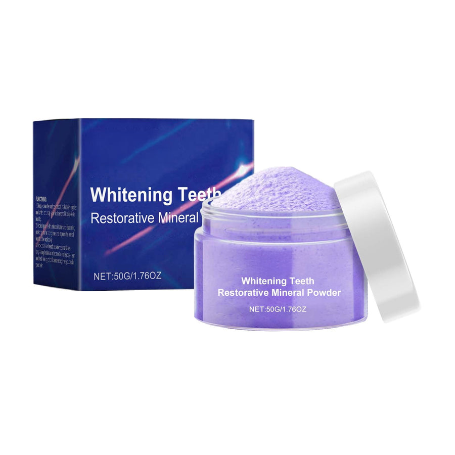 Clear jar of lavender-colored whitening powder with white lid beside blue-lavender product box showing label text