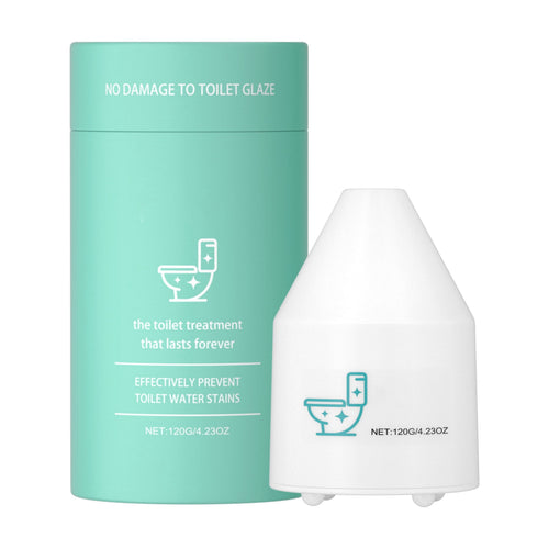 Cylindrical teal container and a white cone-shaped toilet treatment dispenser with simple toilet icon and net weight text.