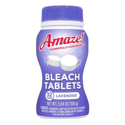 Purple-lidded Amaze! bleach tablets bottle labeled 'Bleach Tablets' and 'Lavender' on white background