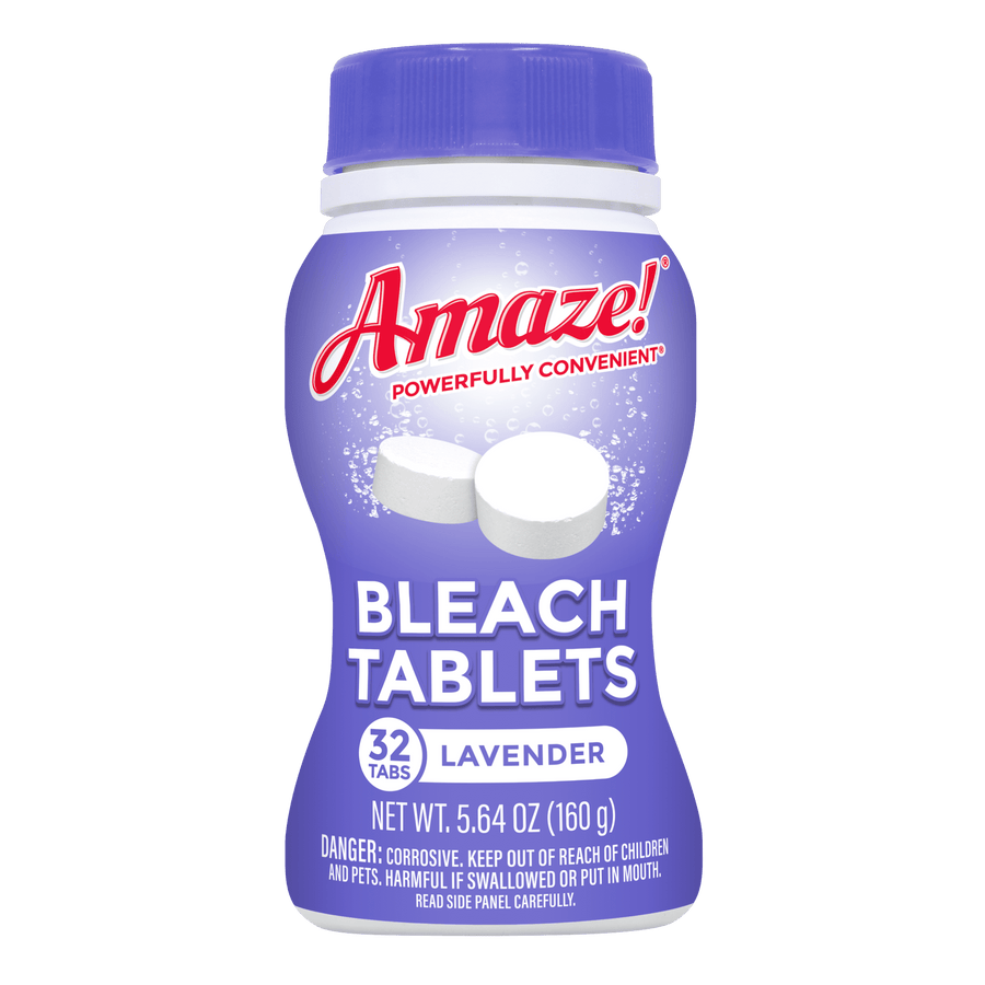 Purple-lidded Amaze! bleach tablets bottle labeled 'Bleach Tablets' and 'Lavender' on white background