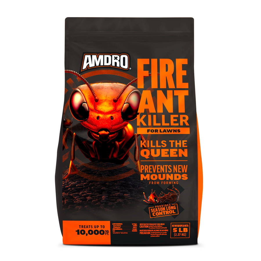 Full front view of Amdro Fire Ant Killer bag showing large ant artwork and product branding