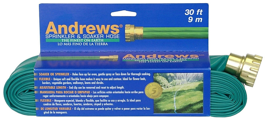 Andrews branded green sprinkler and soaker hose in retail packaging with text and hose fittings visible