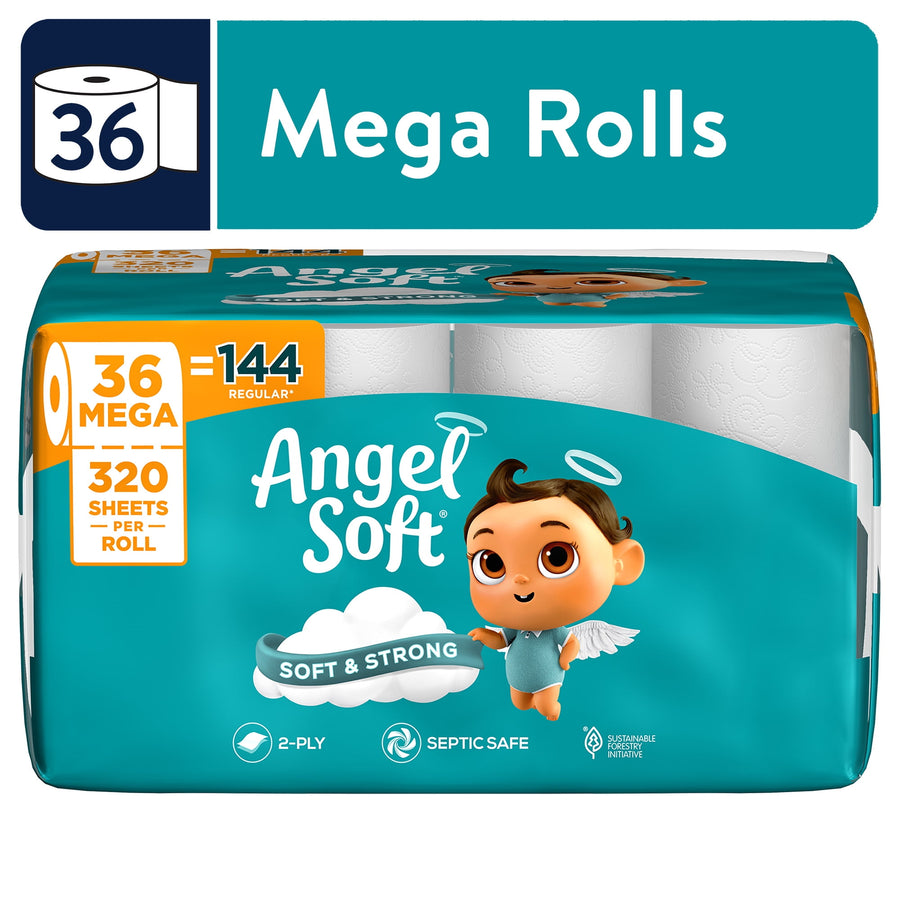 Wrapped teal Angel Soft toilet paper pack showing mascot, 'Mega Rolls' label and callouts for 36 mega rolls and 320 sheets