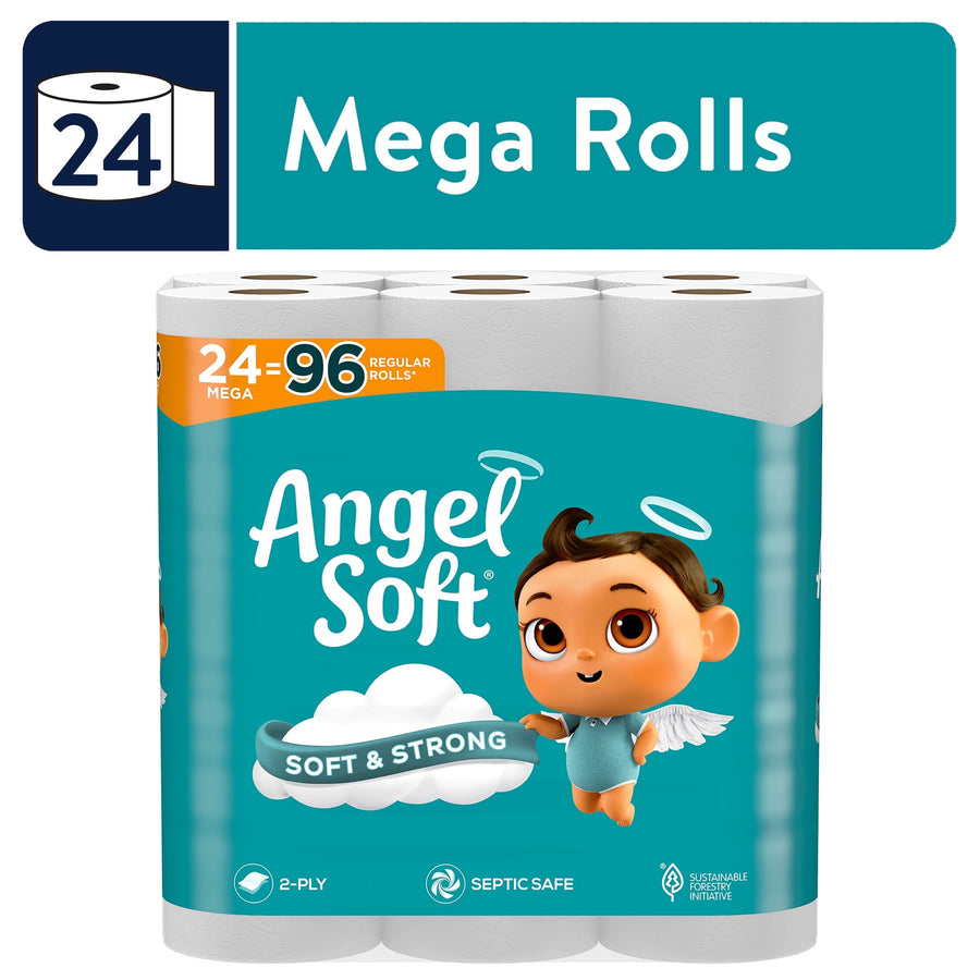 Package of Angel Soft toilet paper mega rolls with teal branding and baby angel mascot on front