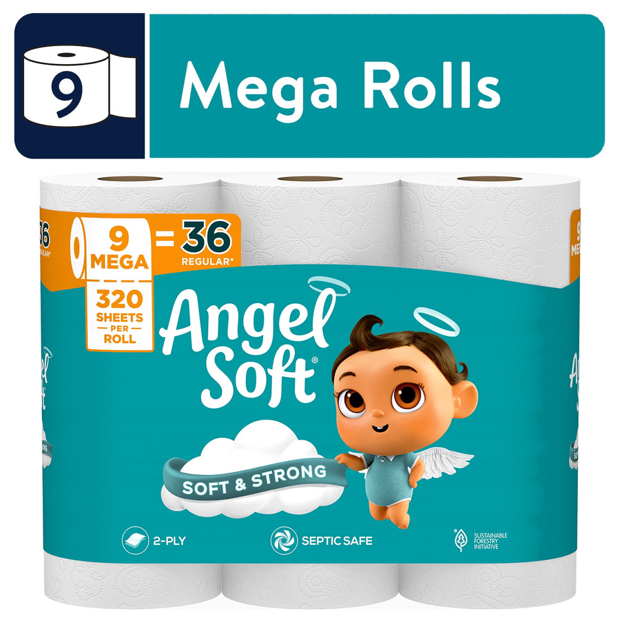 Packaged Angel Soft mega toilet paper showing three white rolls, brand logo and baby angel mascot on teal wrap