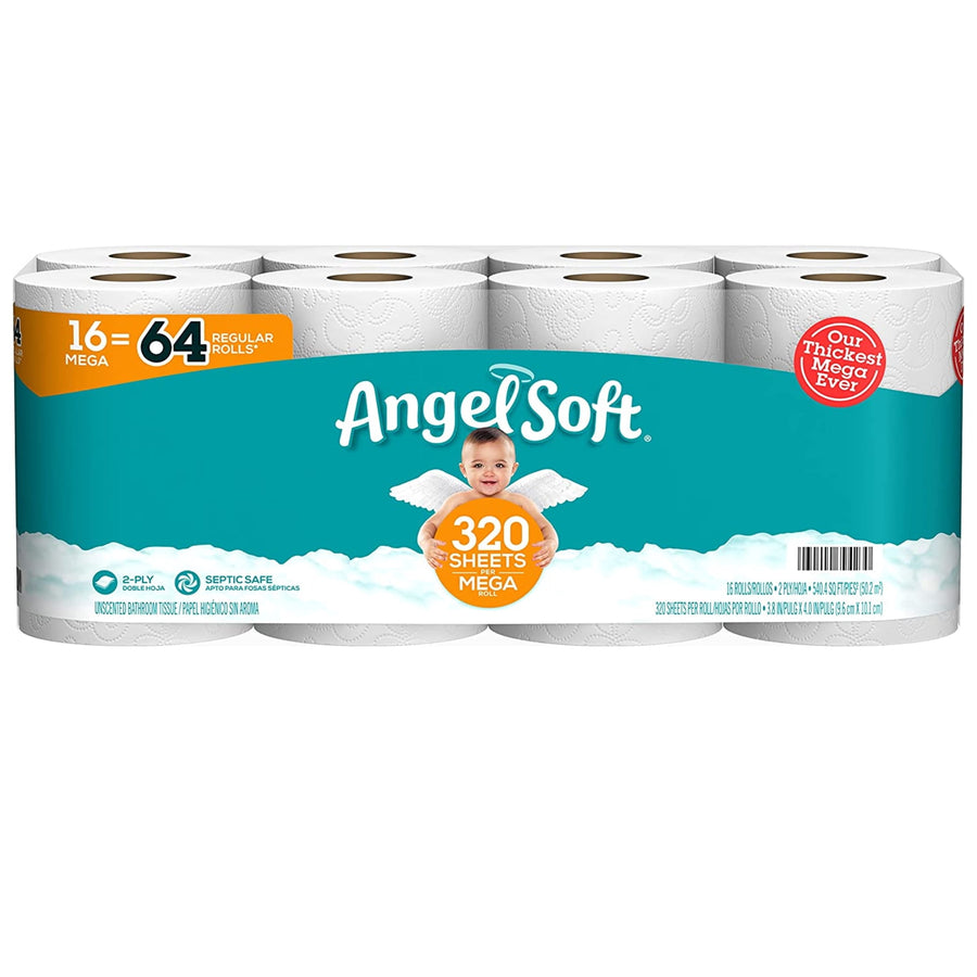 Packaged Angel Soft toilet paper 16-mega pack with teal branding and baby logo visible