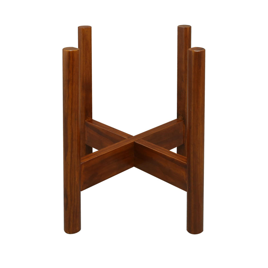 Antique mahogany mid-century style wooden plant stand with crossed support and four round legs