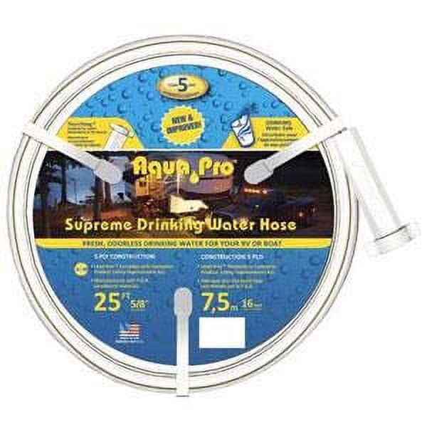 Coiled Aqua Pro branded drinking water hose on round blue product label with length and specifications