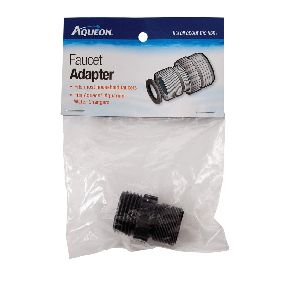 Aqueon faucet adapter in clear plastic bag with branded header card and product illustration